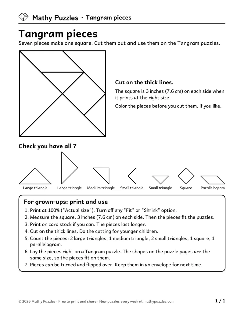 Tangram pieces sheet in black and white: the same square and 7 pieces as outlines, ready to color before cutting.