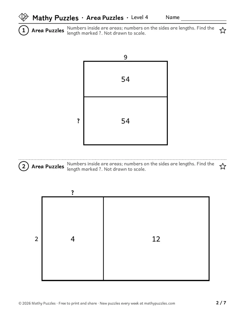 Area Puzzles, Level 4: two puzzles, each a rectangle split in two, with areas inside, side lengths outside and one side marked with a question mark.