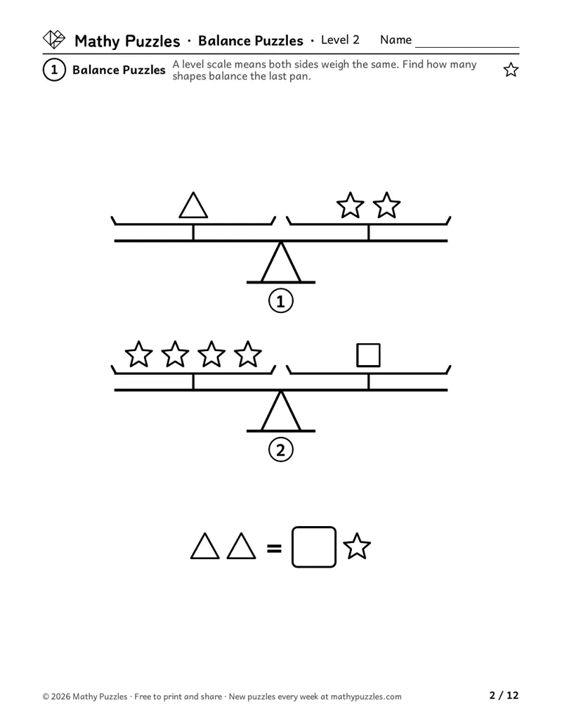 Balance Puzzles, Level 2: two level scales with shapes on each side, and a question about how many of one shape balance two of another.