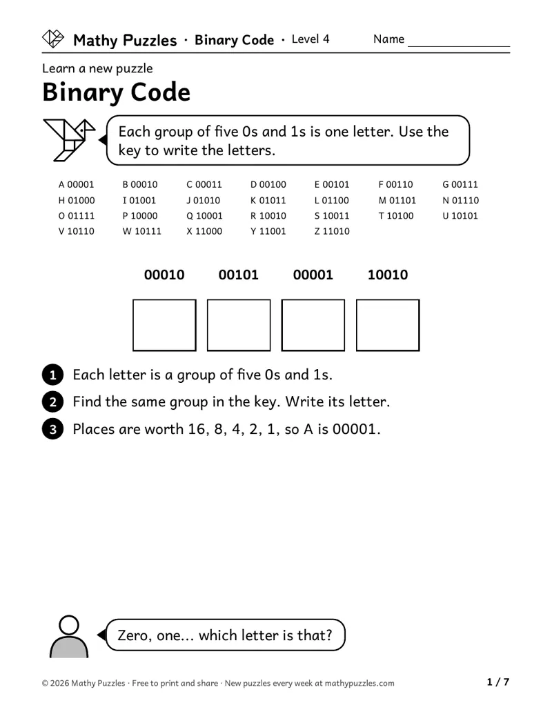 Binary Code, Level 4 Learn sheet with a worked example
