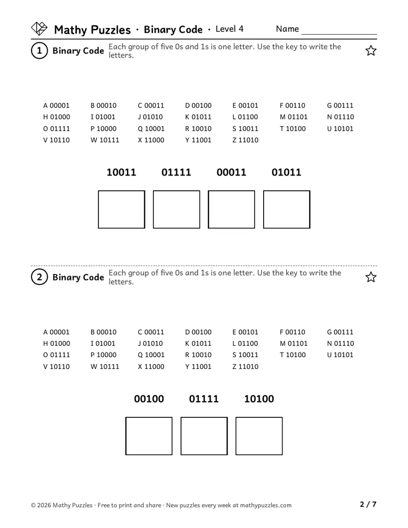 Binary Code, Level 4: two puzzles, each a key of letters and their five-digit binary codes, a short coded word and boxes for its letters.