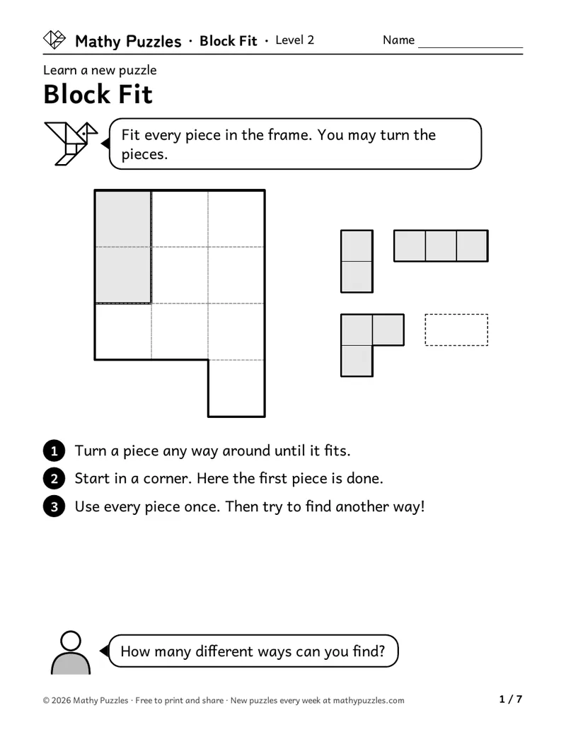 Block Fit, Level 2 Learn sheet with a worked example