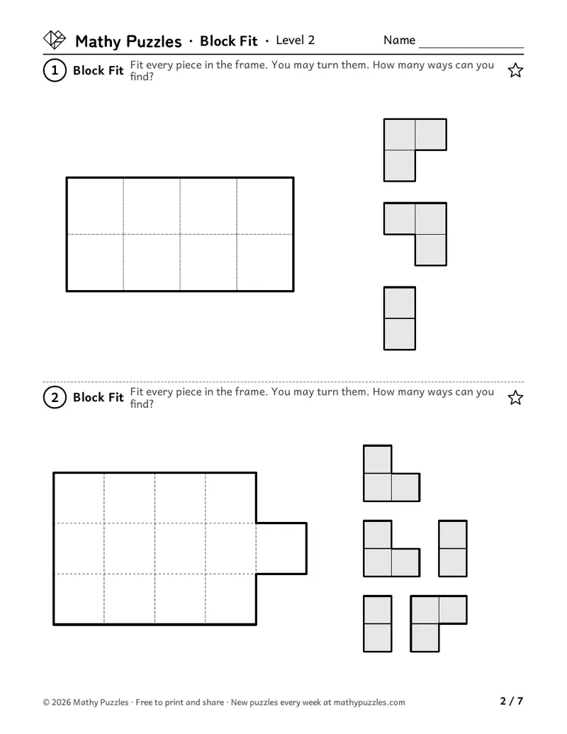 Block Fit, Level 2: two empty frames of squares, each with a tray of small block pieces to fit inside.