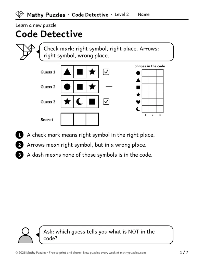 Code Detective, Level 2 Learn sheet with a worked example