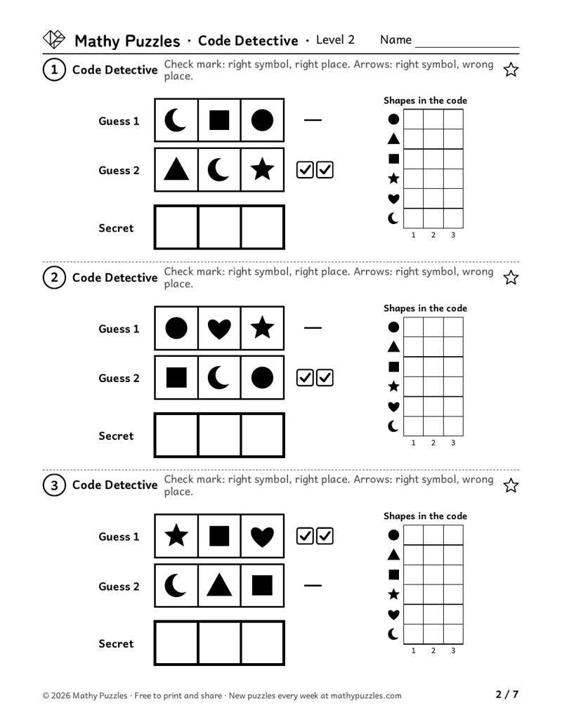 Code Detective, Level 2: three puzzles, each two marked guesses of 3 shapes, a tracking grid and 3 empty boxes for the secret code.