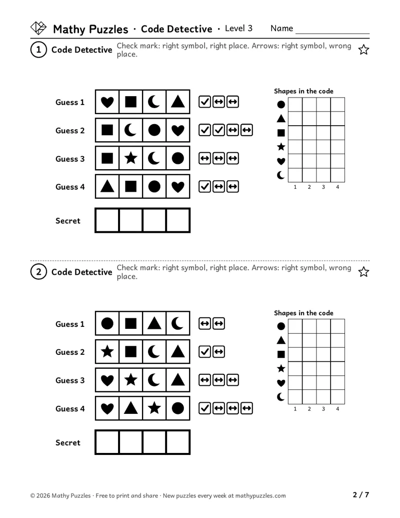 Code Detective, Level 3: two puzzles, each four marked guesses of 4 shapes, a tracking grid and 4 empty boxes for the secret code.