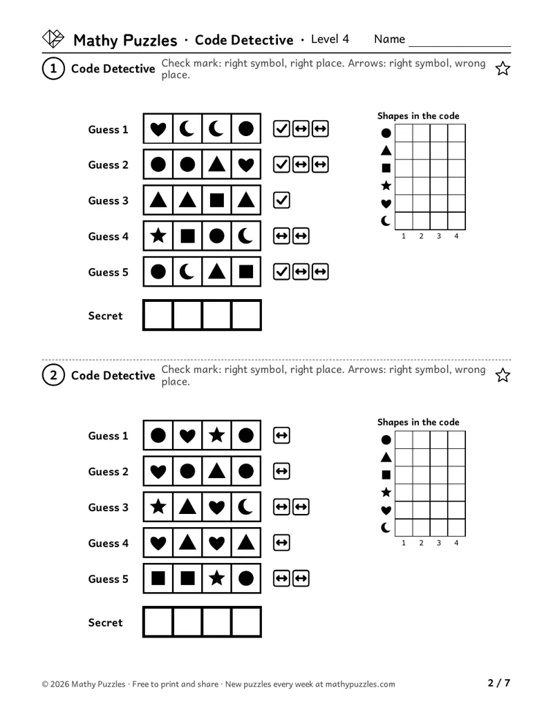 Code Detective, Level 4: two puzzles, each five marked guesses of 4 shapes, some shapes used twice, and 4 empty boxes for the code.