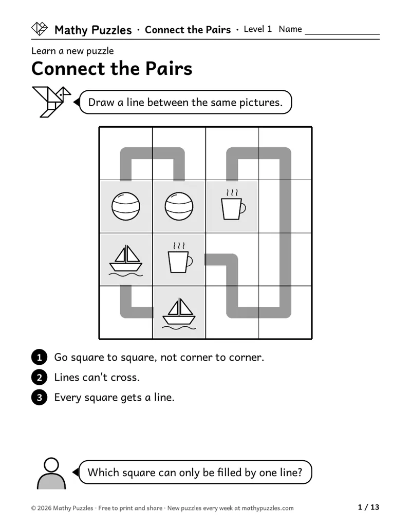 Connect the Pairs, Level 1 Learn sheet with a worked example