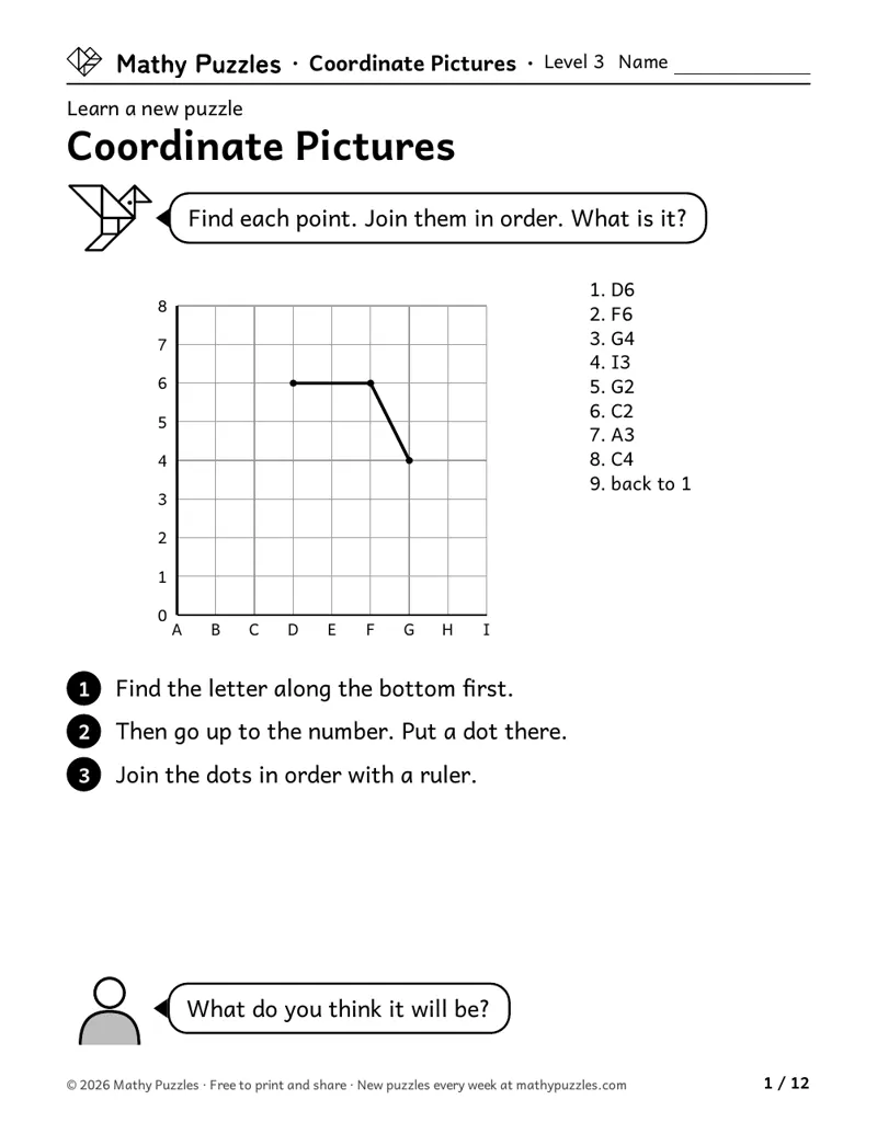 Coordinate Pictures, Level 3 Learn sheet with a worked example