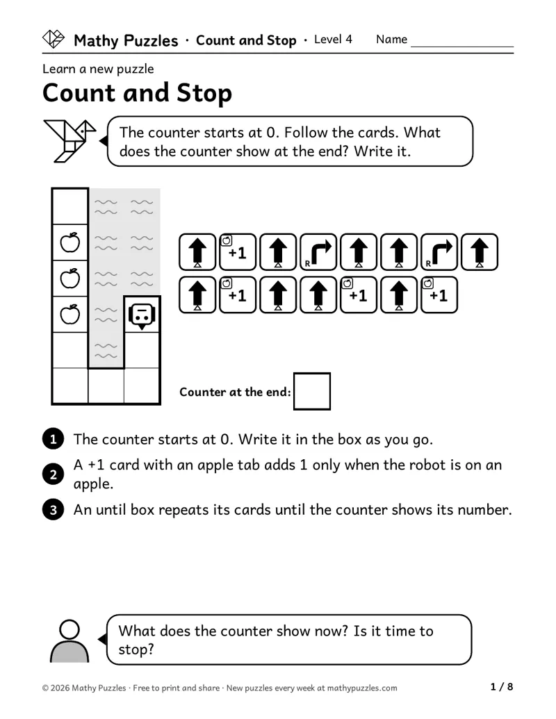 Count and Stop, Level 4 Learn sheet with a worked example
