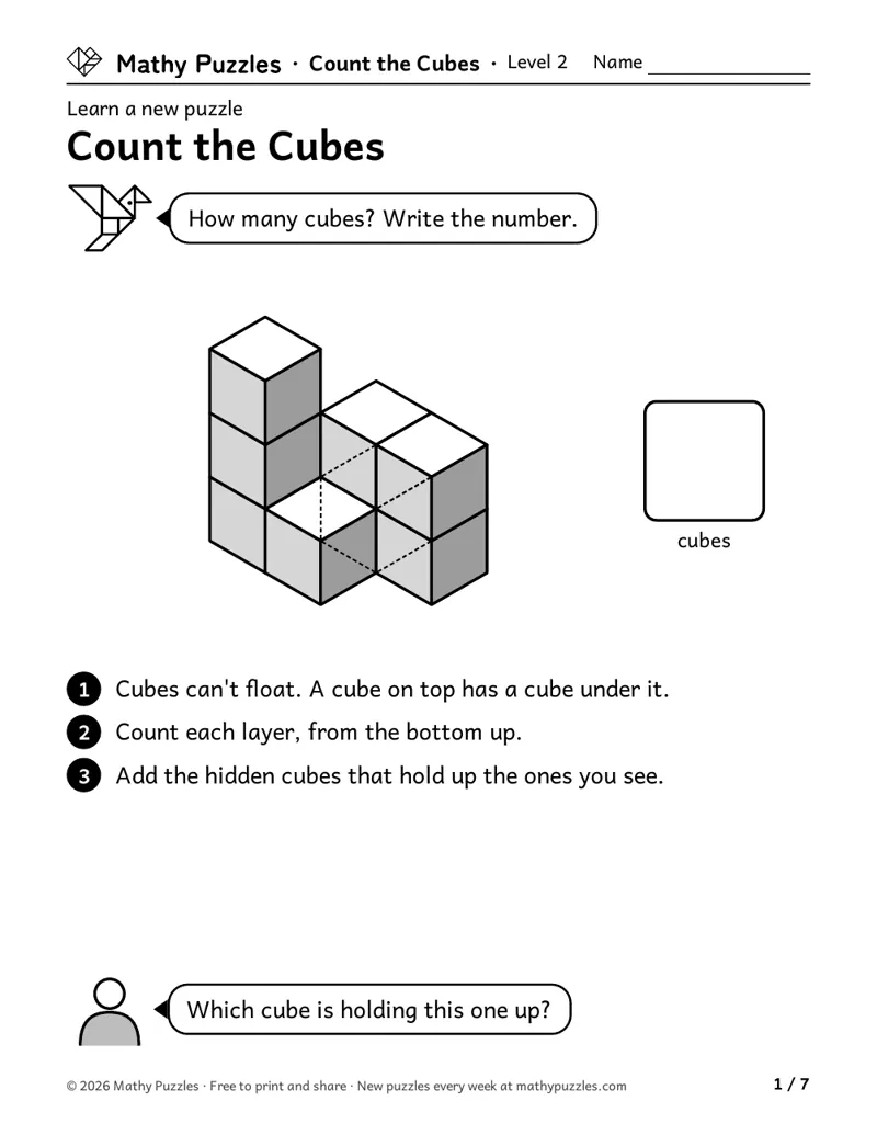 A Learn sheet: a Count the Cubes example with the steps to solve it and a question to ask the class.