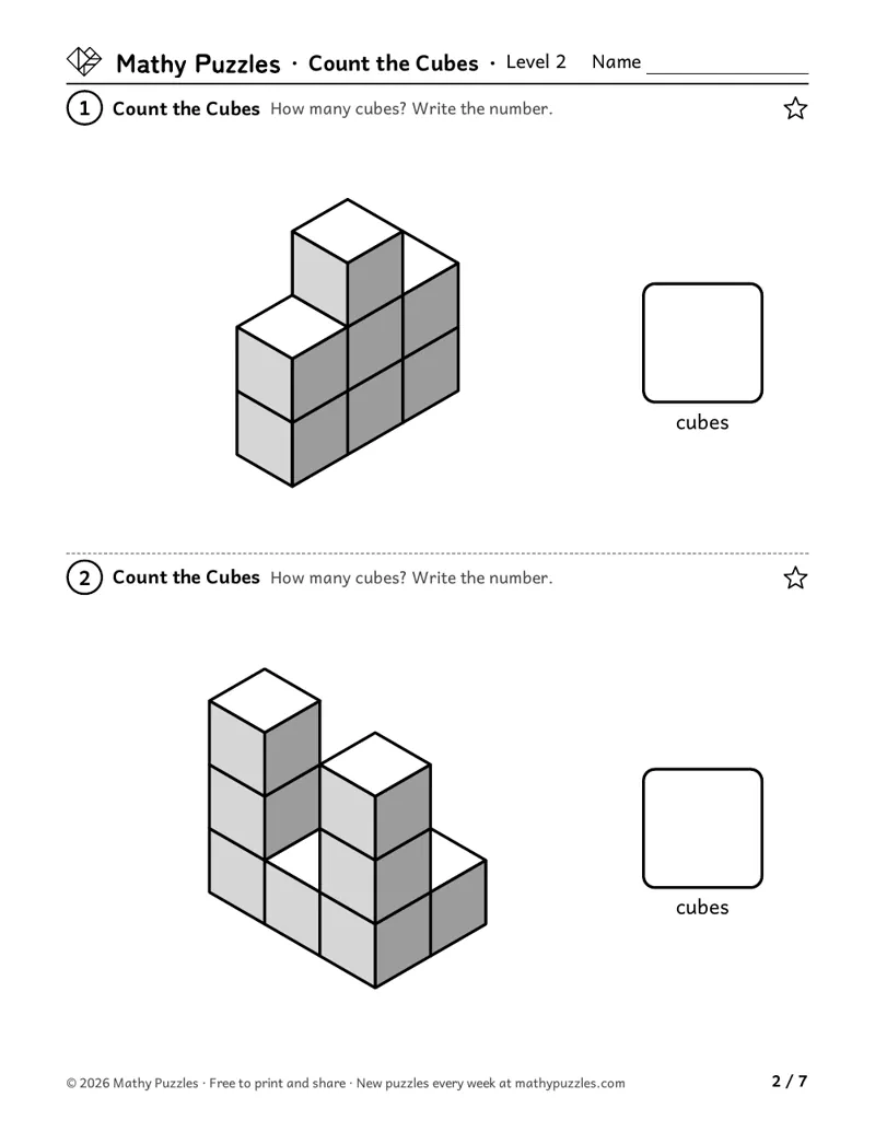 The top of a Count the Cubes sheet: the puzzle name and level are printed at the top, and each puzzle has a number.