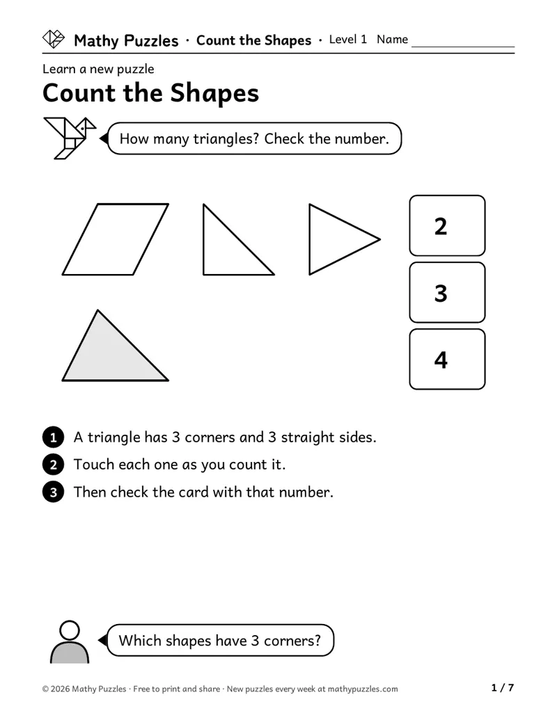 Count the Shapes, Level 1 Learn sheet with a worked example