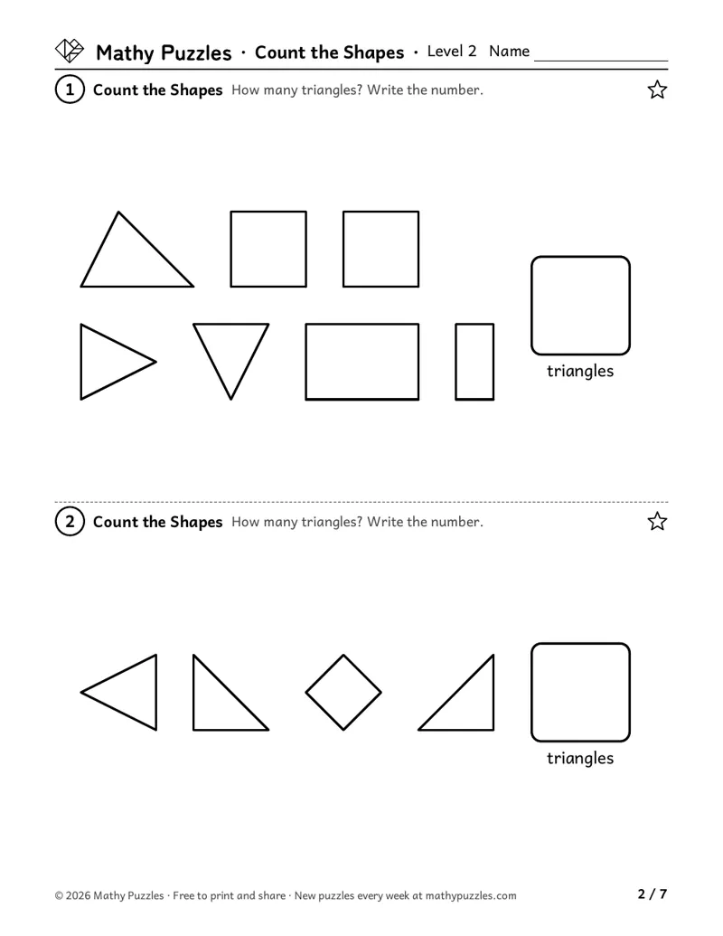 Count the Shapes, Level 2: two groups of mixed separate shapes, each with a box to write how many triangles.