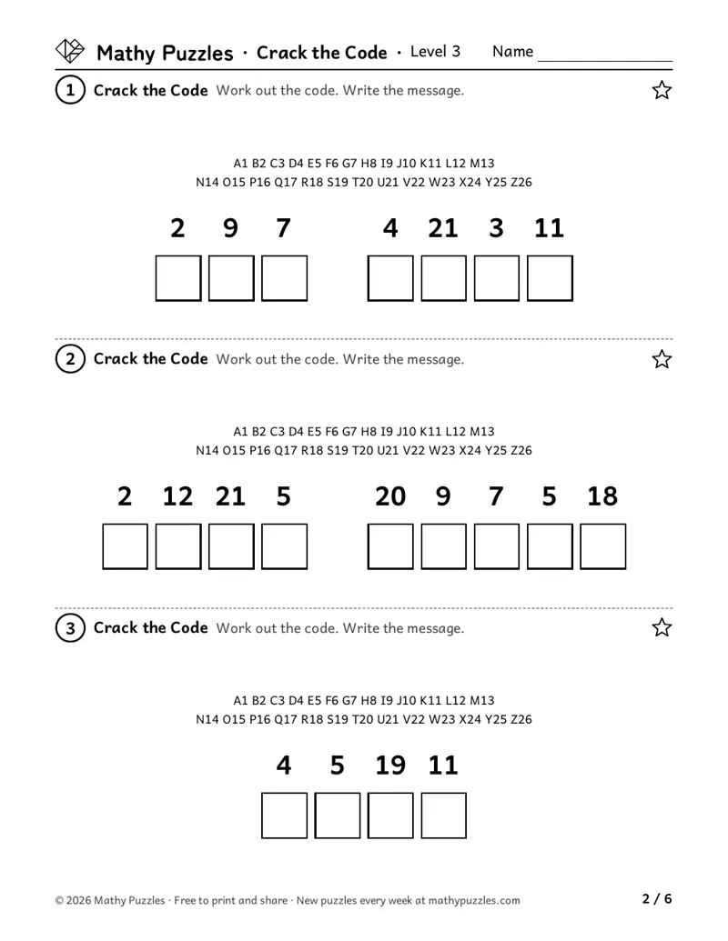 Crack the Code, Level 3: three coded messages written as numbers, under a strip showing A is 1 to Z is 26, with boxes for the letters.