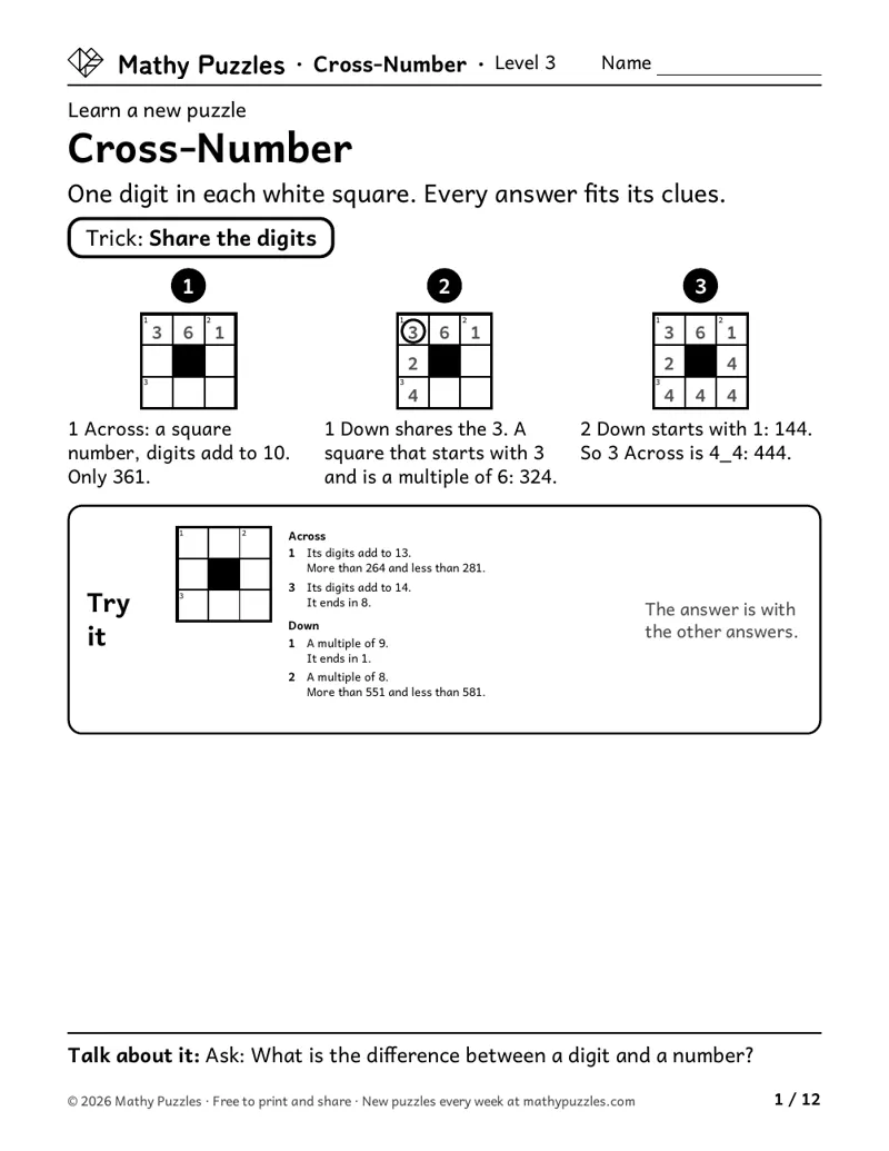 Cross-Number, Level 3 Learn sheet with a worked example