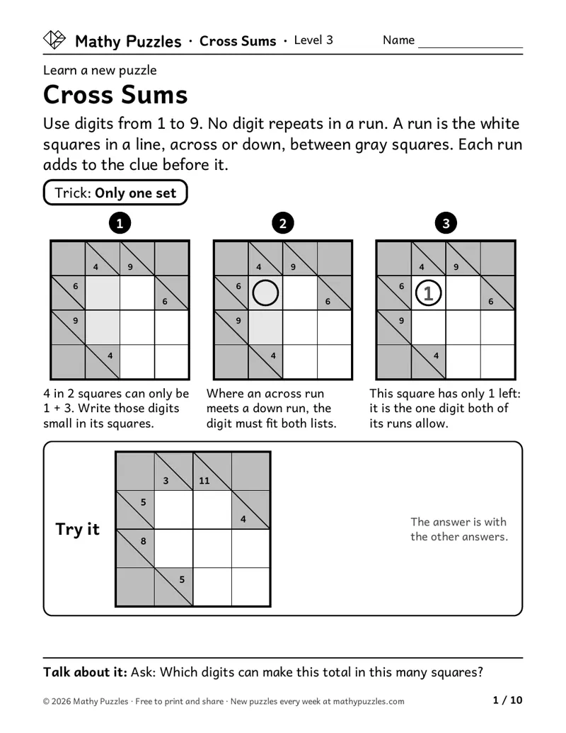 Cross Sums, Level 3 Learn sheet with a worked example