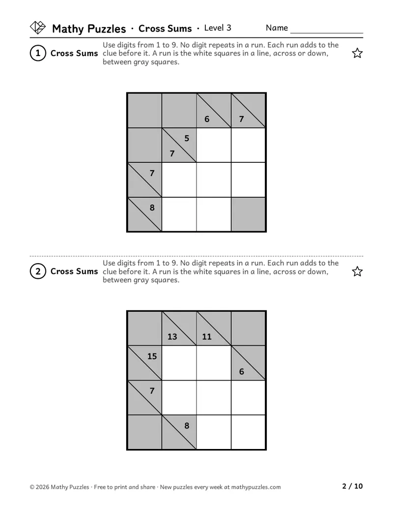 Cross Sums, Level 3: two small grids of white and gray squares, with totals in the gray squares for each run across and down.