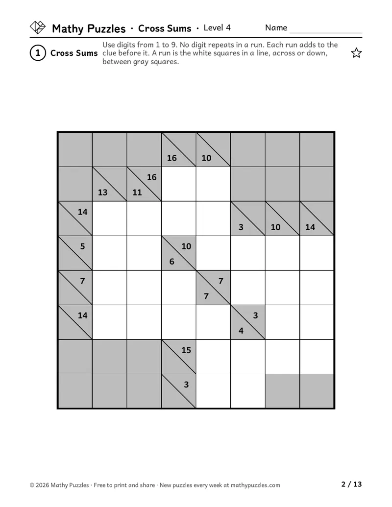 Cross Sums, Level 4: one 8 × 8 grid of white and gray squares, with totals in the gray squares for each run across and down.