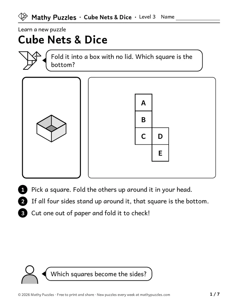 Cube Nets & Dice, Level 3 Learn sheet with a worked example