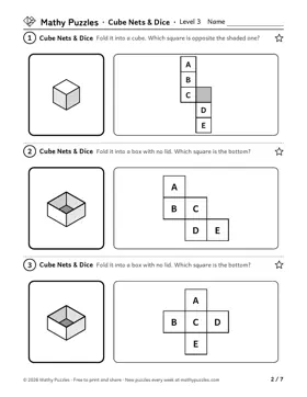 Cube Nets & Dice, Level 3: a page from the free set