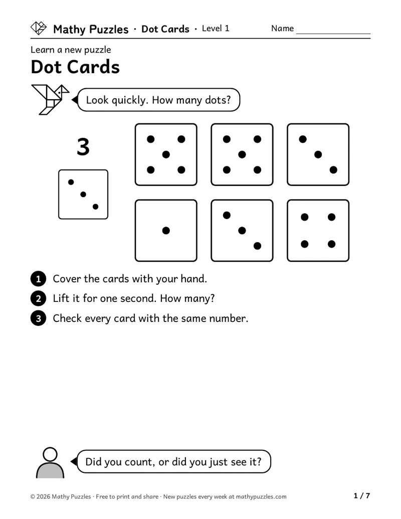 Dot Cards, Level 1 Learn sheet with a worked example