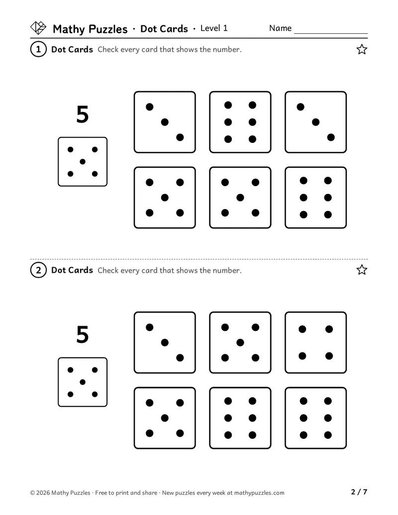 Dot Cards, Level 1: two puzzles, each a number and its dice pattern beside 6 dot cards to check the ones that show it.