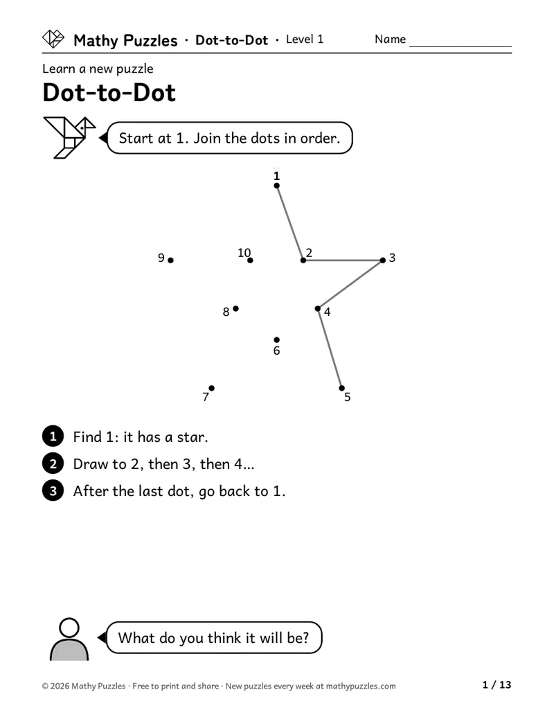 Dot-to-Dot, Level 1 Learn sheet with a worked example