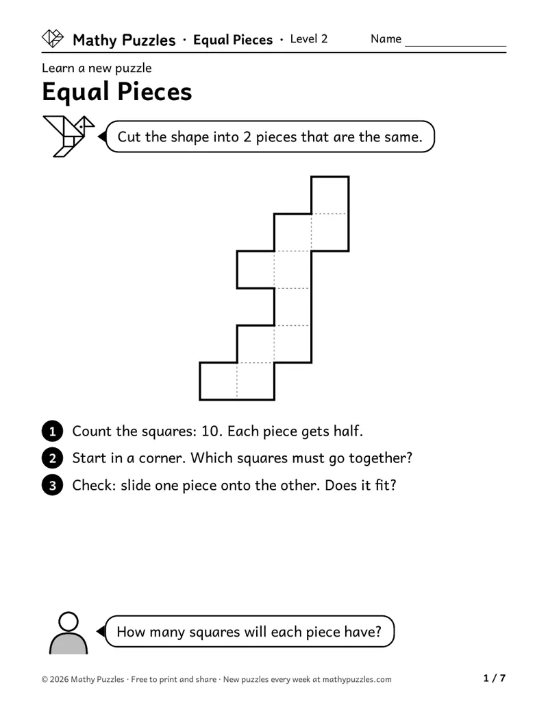 Equal Pieces, Level 2 Learn sheet with a worked example