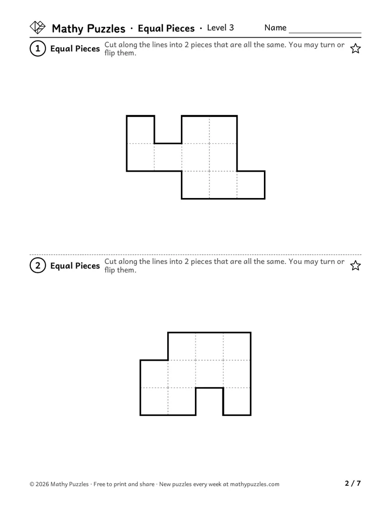 Equal Pieces, Level 3: two shapes made of squares, each to cut into 2 matching pieces that may be turned or flipped.