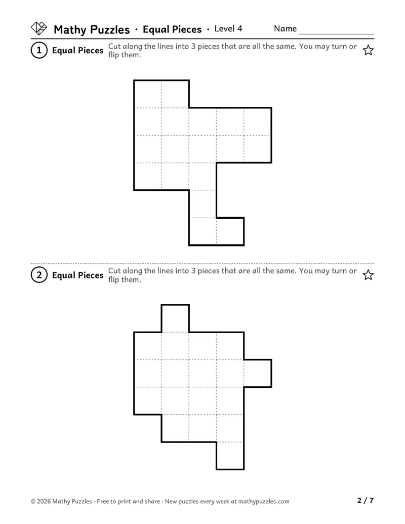Equal Pieces, Level 4: two larger shapes made of squares, each to cut into 3 matching pieces that may be turned or flipped.