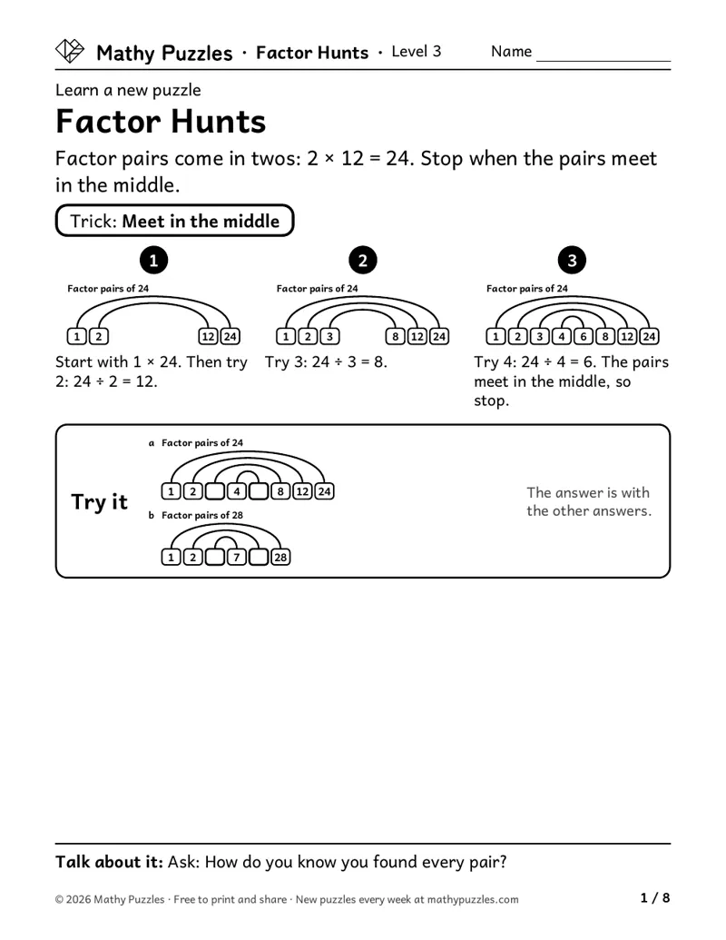 Factor Hunts, Level 3 Learn sheet with a worked example