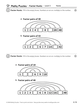 Factor Hunts, Level 3: a page from the free set