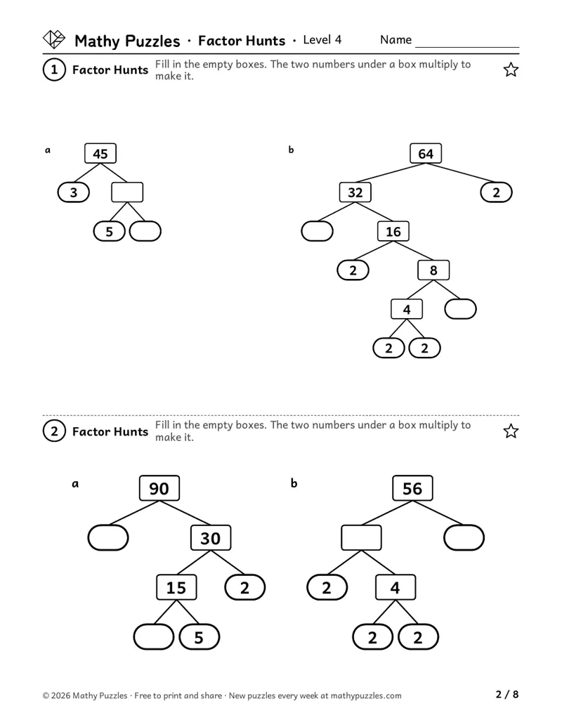 Factor Hunts, Level 4: four factor trees, each with a number at the top, some boxes empty, and round boxes at the bottom for primes.