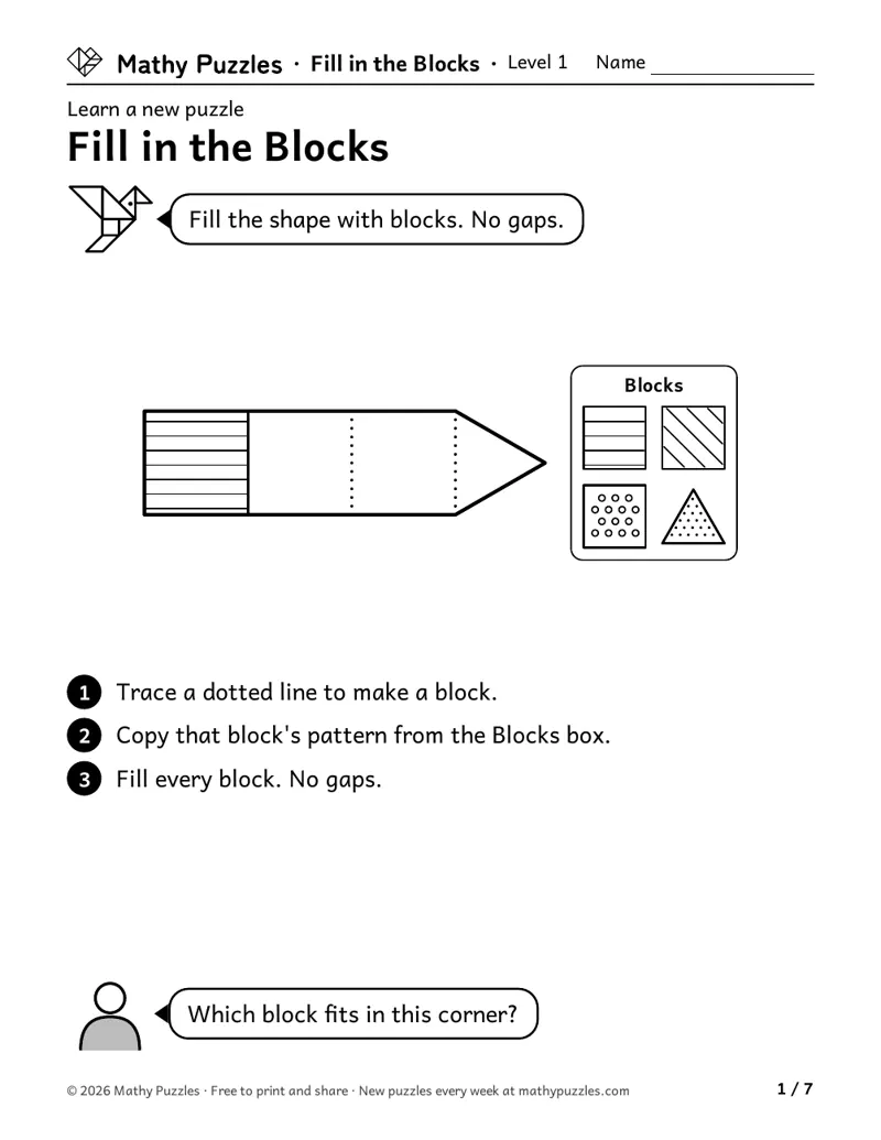 Fill in the Blocks, Level 1 Learn sheet with a worked example