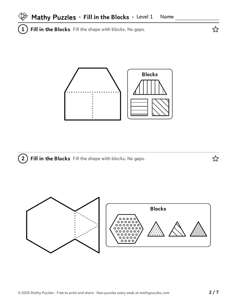 Fill in the Blocks, Level 1: two picture outlines with dotted lines inside, each beside a box showing the pattern blocks to use.