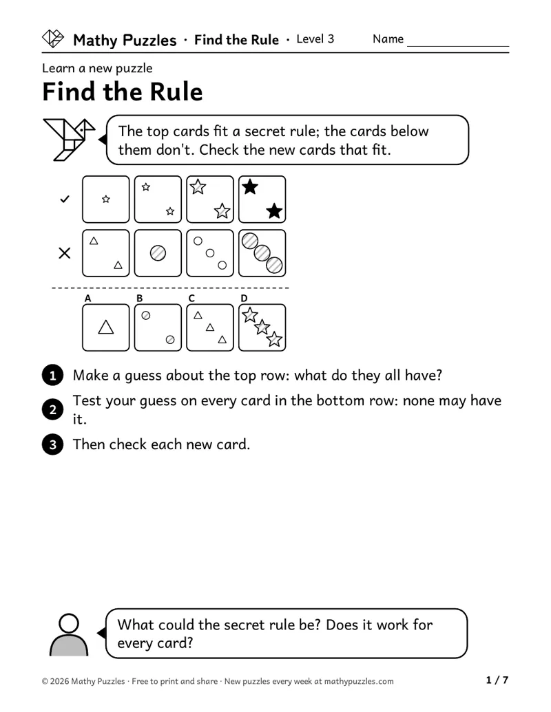 Find the Rule, Level 3 Learn sheet with a worked example
