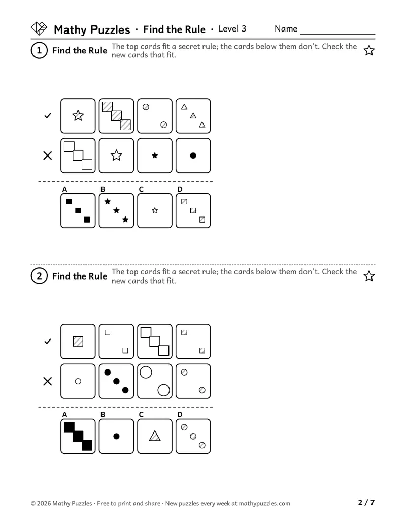 Find the Rule, Level 3: two puzzles, each a row of cards that fit a rule, a row that don't, and 4 new cards to check.