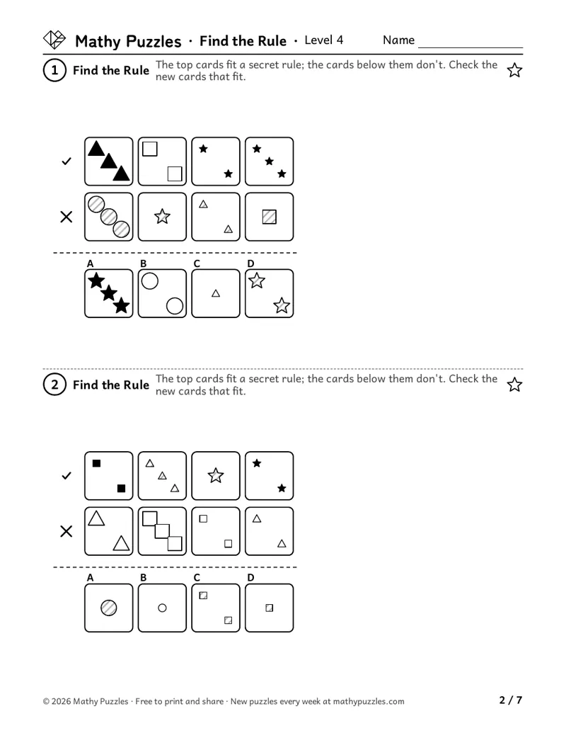 Find the Rule, Level 4: two puzzles, each a row of shape cards that fit a rule, a row that don't, and 4 new cards to check.