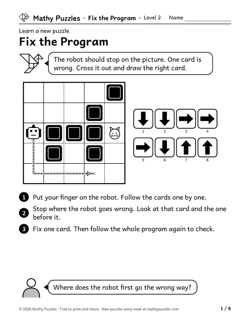 Fix the Program, Level 2 Learn sheet with a worked example