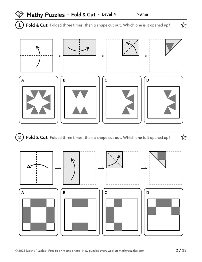 Fold & Punch, Level 4: two Fold & Cut puzzles, paper folded three times with a shape cut out, and 4 opened-up patterns to choose from.