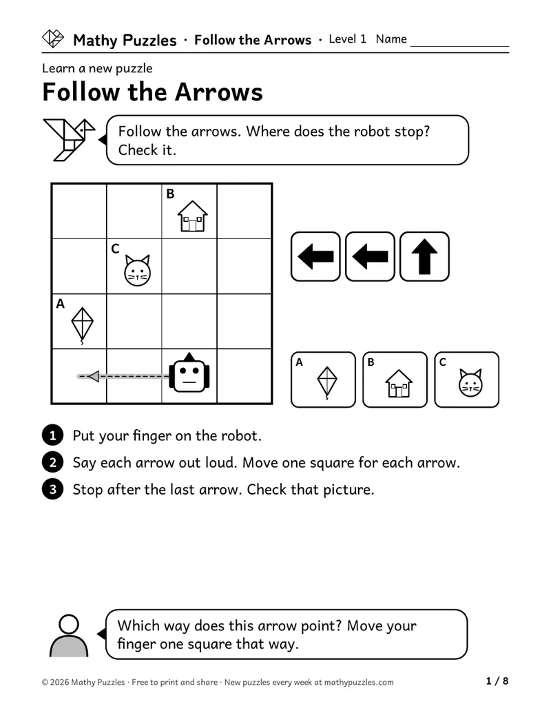 Follow the Arrows, Level 1 Learn sheet with a worked example