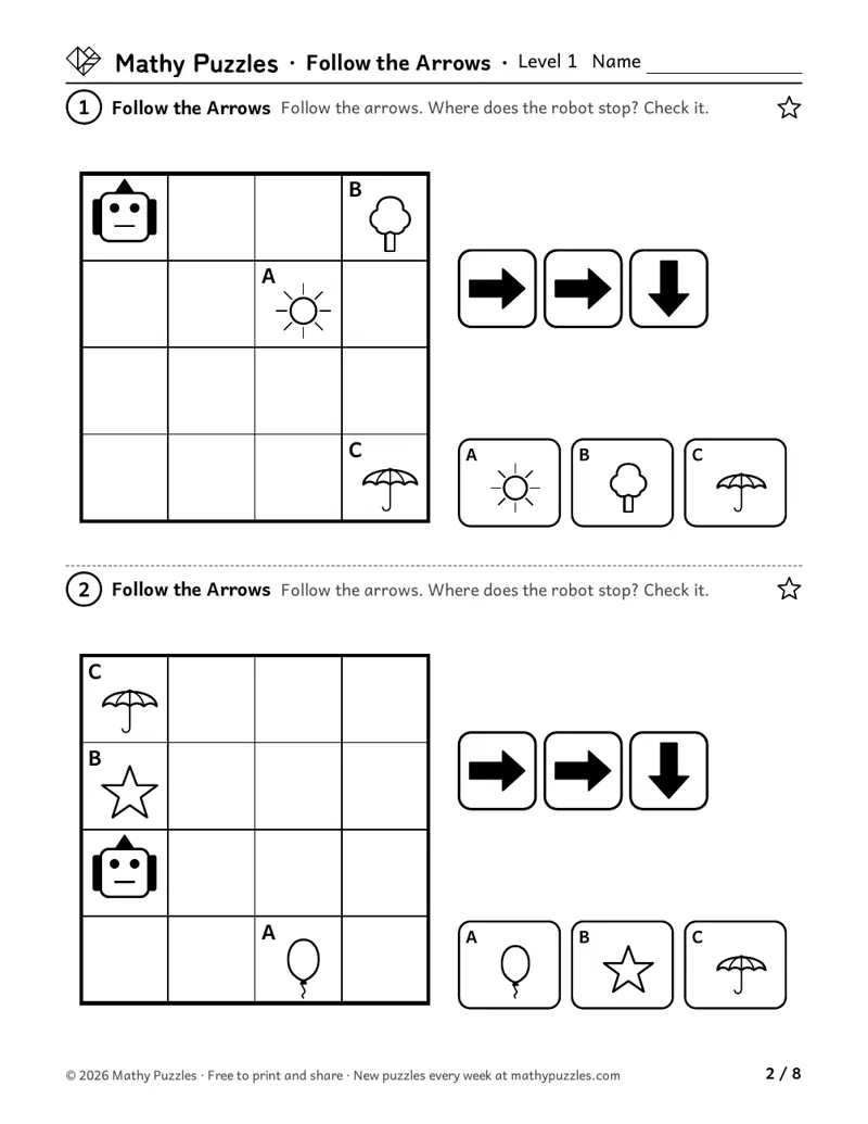Follow the Arrows, Level 1: two 4 × 4 grids with a robot and 3 pictures, each beside a short row of arrow cards.