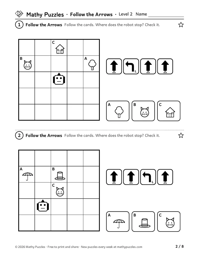 Follow the Arrows, Level 2: two 5 × 5 grids with a robot and 3 pictures, each beside a row of forward and turn cards.