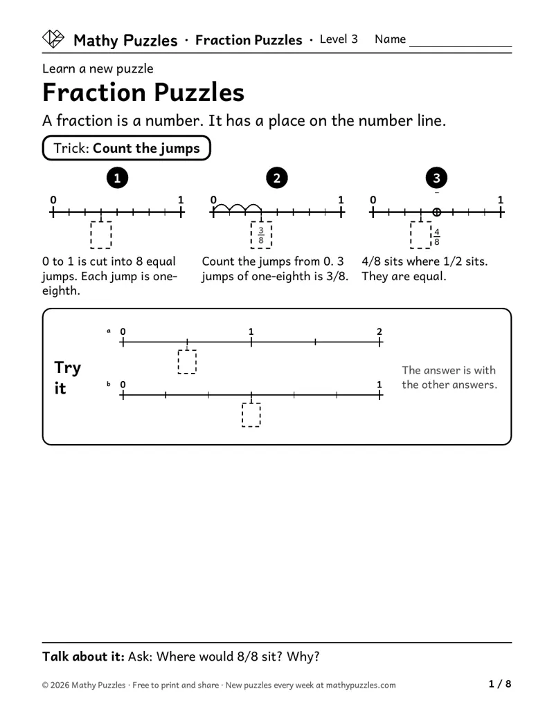 Fraction Puzzles, Level 3 Learn sheet with a worked example