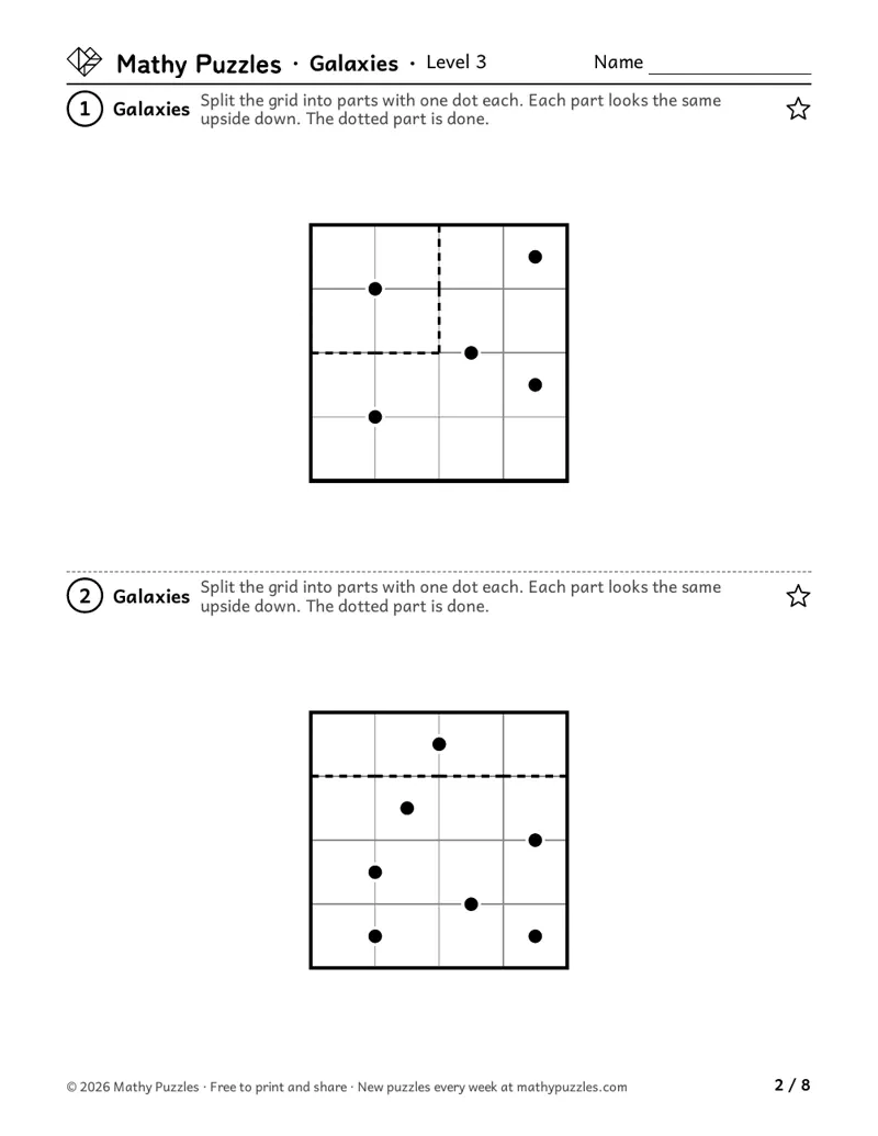 Galaxies, Level 3: two small square grids with dots, one part already drawn in dashed lines.