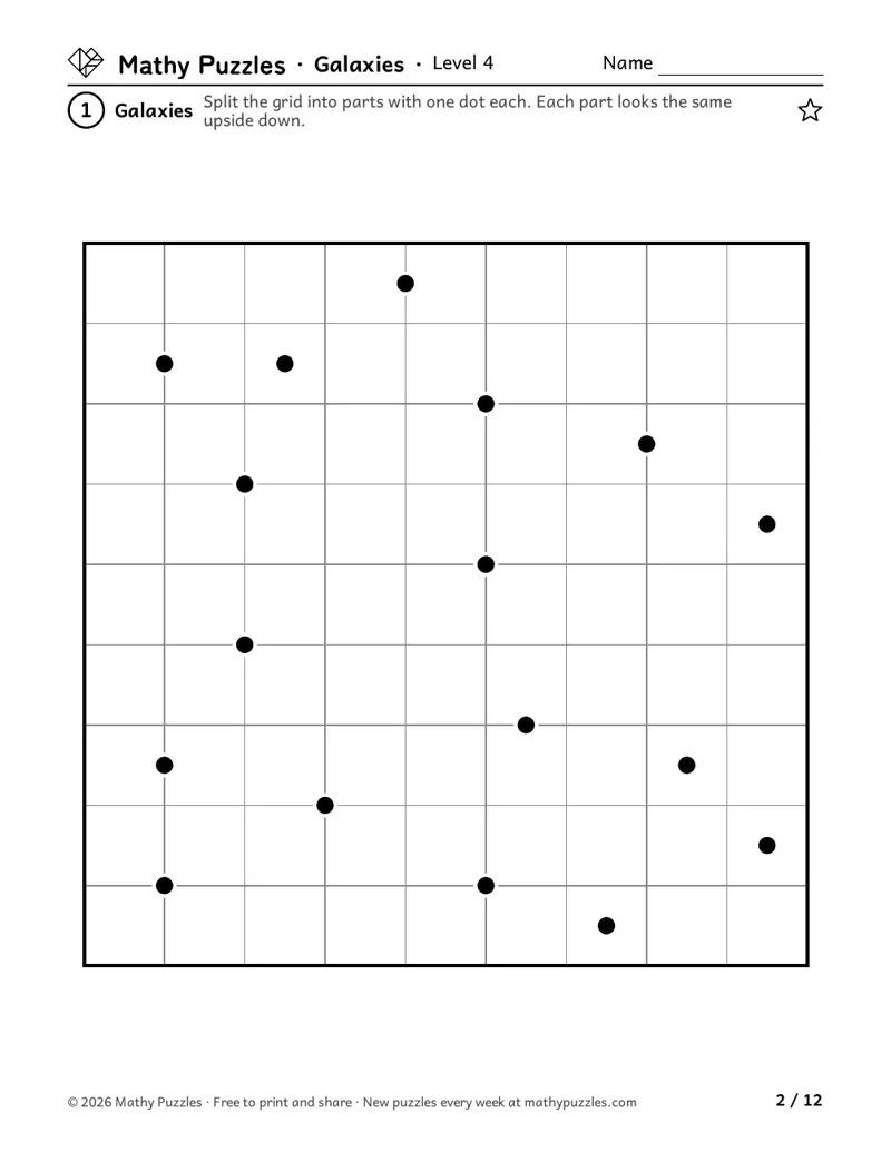 Galaxies, Level 4: one 9 × 9 grid with many dots, to split into parts with one dot each that look the same upside down.