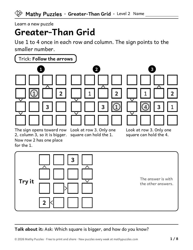 Greater-Than Grid, Level 2 Learn sheet with a worked example