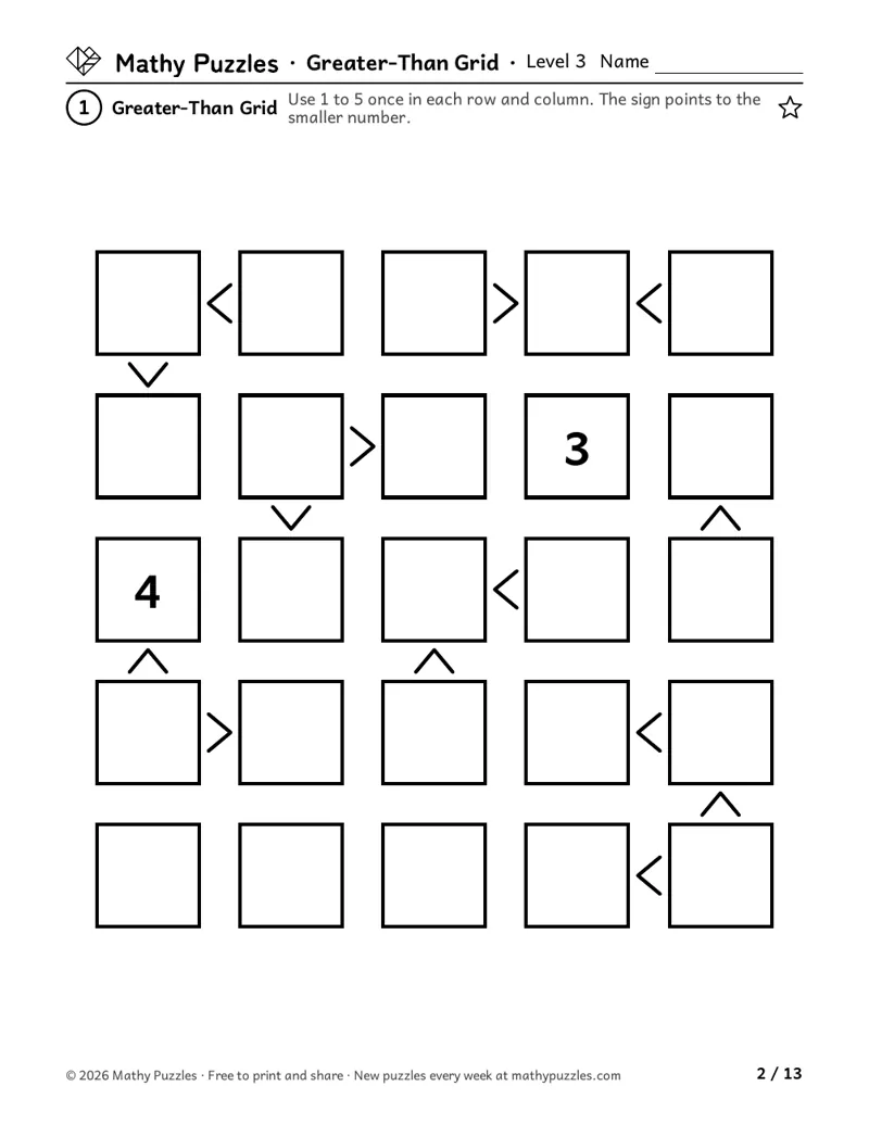 Greater-Than Grid, Level 3: a 5 × 5 grid with two numbers and many greater-than signs between squares.