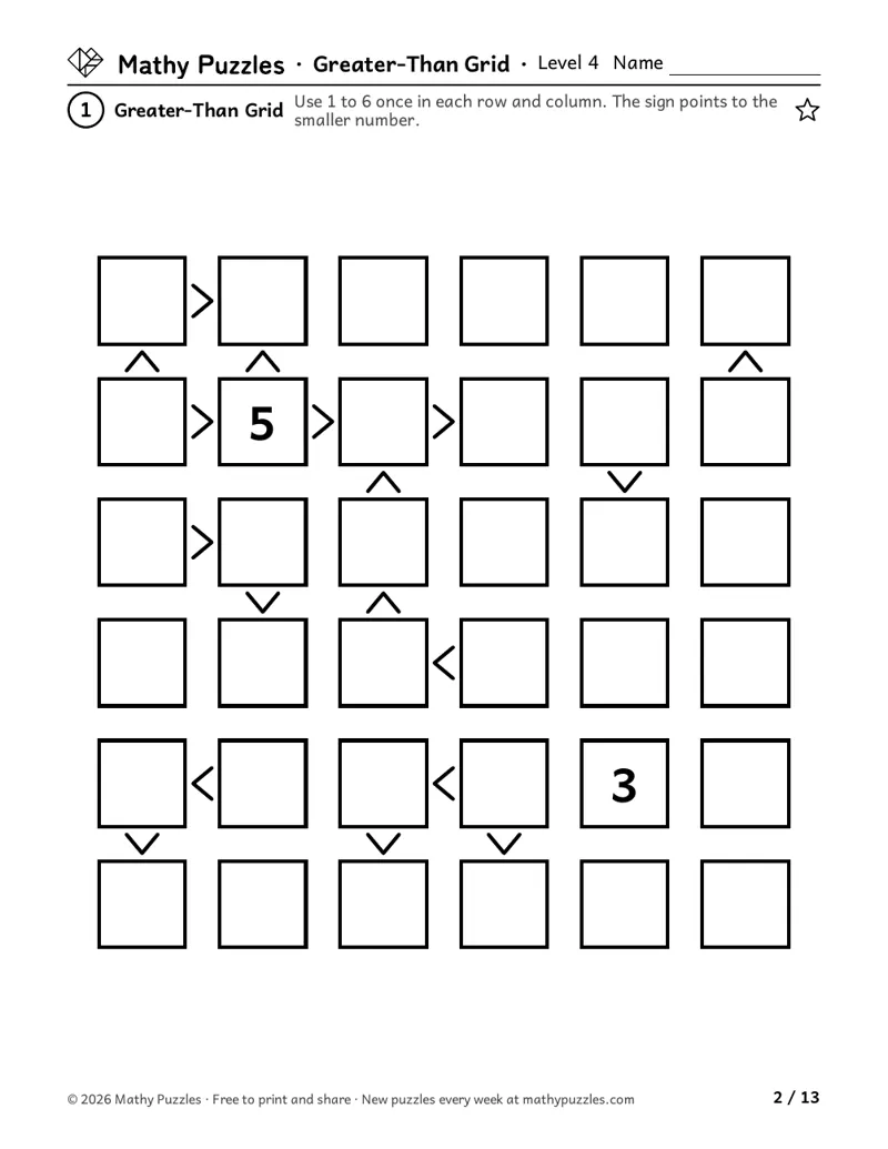 Greater-Than Grid, Level 4: a 6 × 6 grid with two numbers and many greater-than signs between squares.